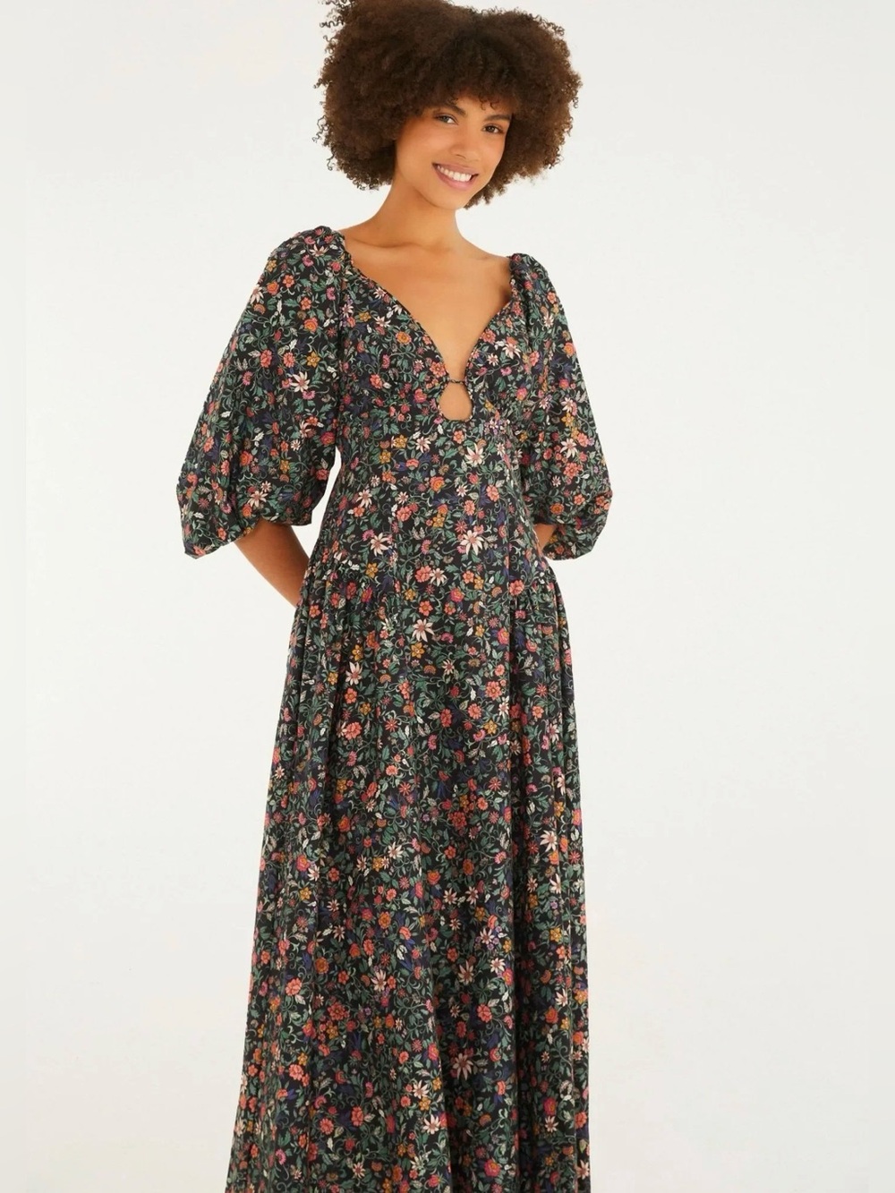 FARM Rio Black Floral Maxi Dress with Puff Sleeves